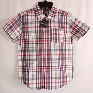 Eddie Bauer Boys Plaid Button Front Shirt M Salsa Red Cotton NWT New